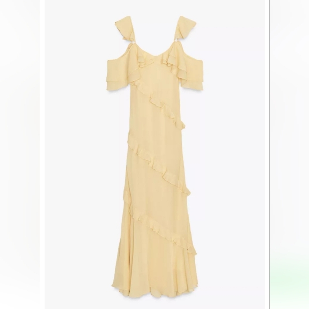 Zara Elegant Yellow Ruffle Combination Cold Shoulder Maxi Dress Sz-M